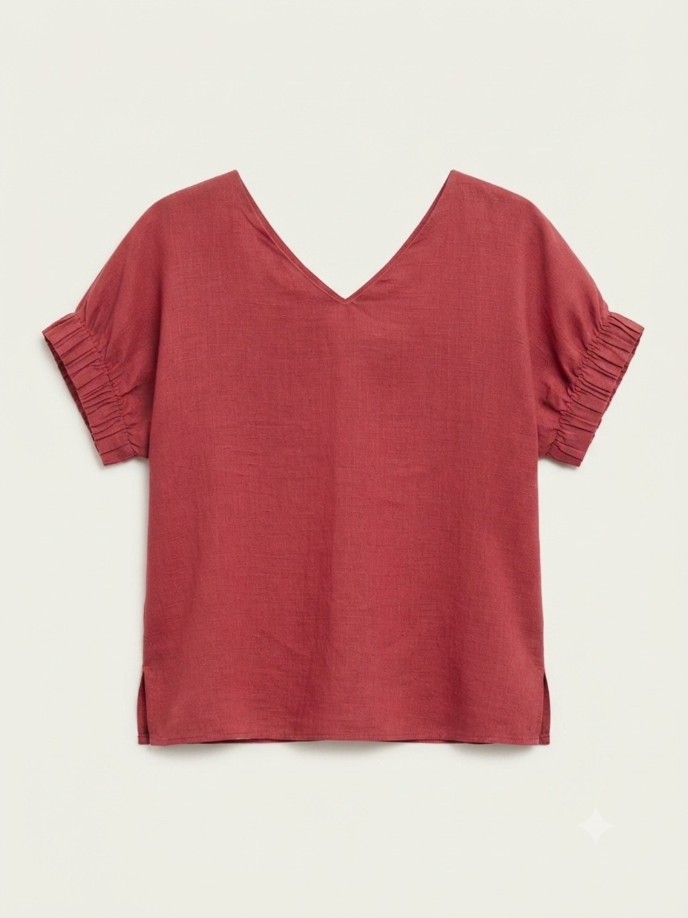 The Ladywore Rust Red 100% Cotton V-Neck Blouse Women's Size M Pleated Sleeve